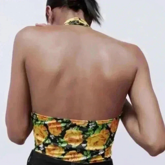 Zara Twisted Halter Front Cut Out Bodysuit Yellow and Black Floral NWT Size S - Picture 2 of 3
